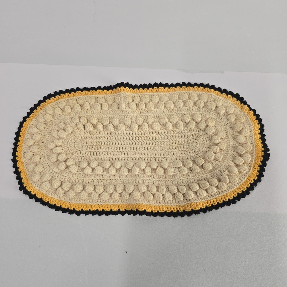 Vintage Small Oval Crochet‎ Rug Cream Yellow Black Bobble Textured Accent Mat